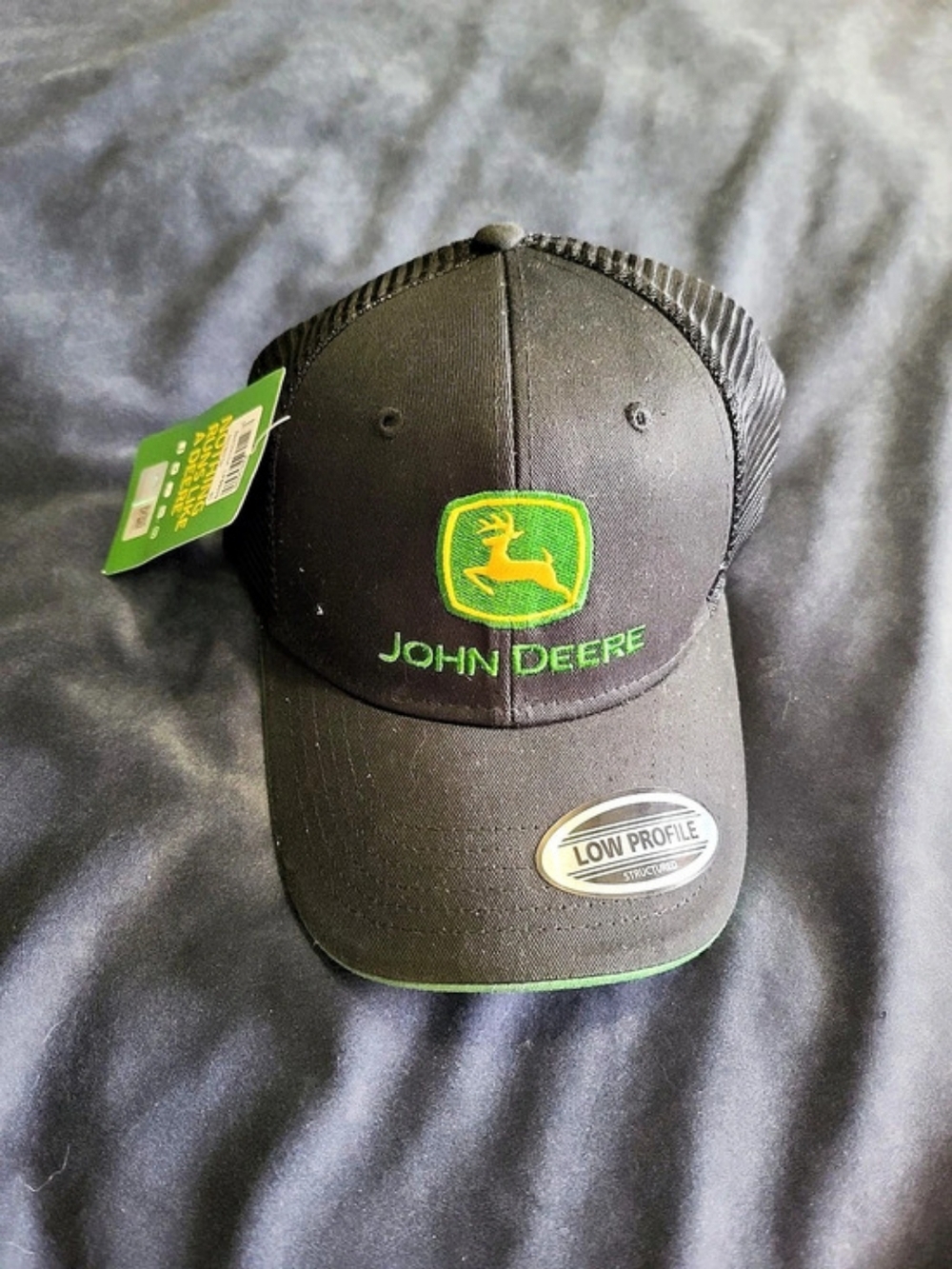 John Deere Men's Black and Green Mesh Back Hat Low Profile Trucker Hat in Black